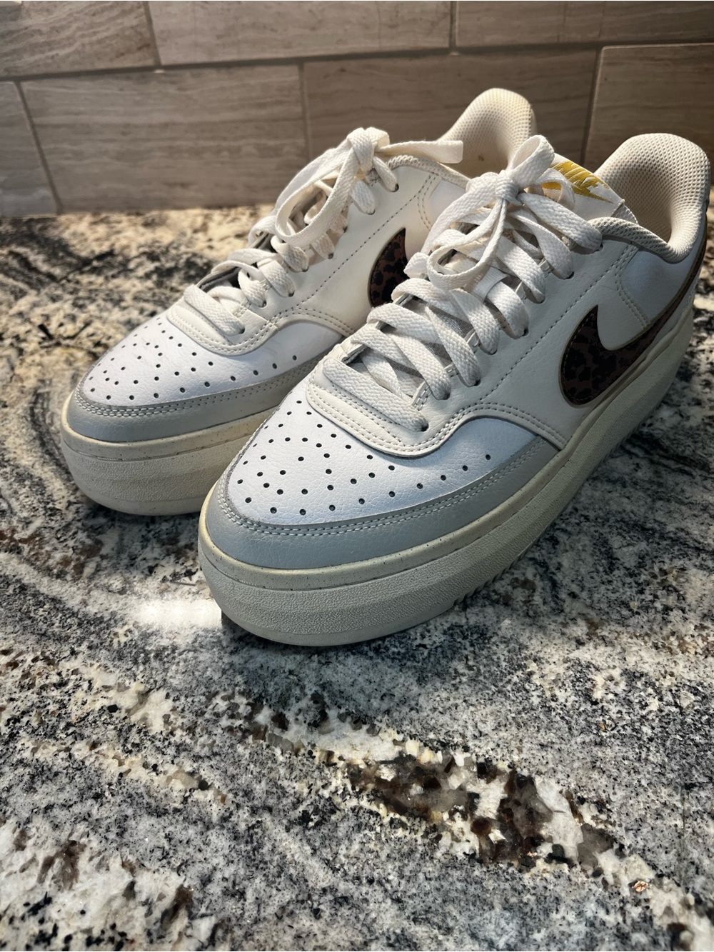 Nike White Court Vision Alta Platform Sneakers Leopard Swoosh - Women’s Size 10